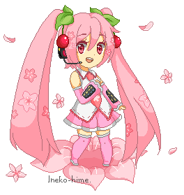 A gif of a chibi pixel-art Sakura Miku blinking, with cherry blossom petals around her.