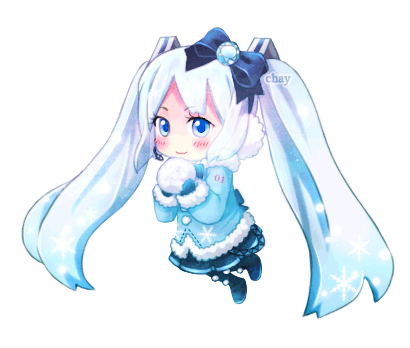 A gif of a chibi pixel-art 2012 Snow Miku blinking.